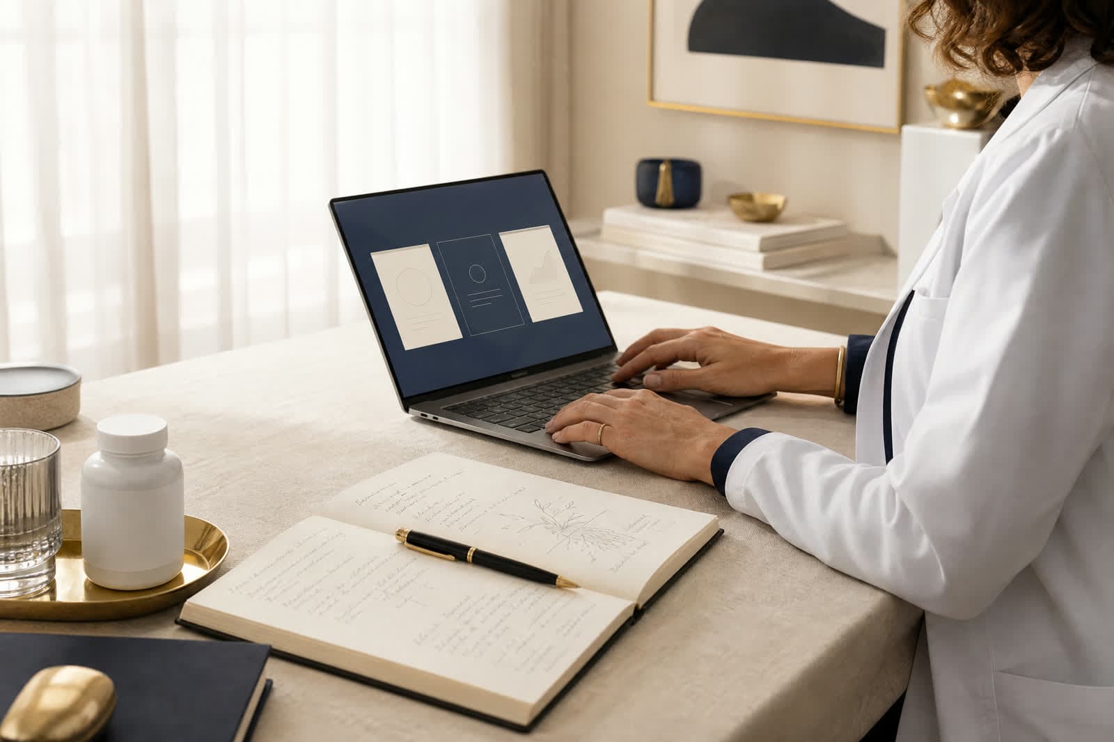 Professionnelle de santé à son bureau, devant son ordinateur et son carnet de notes